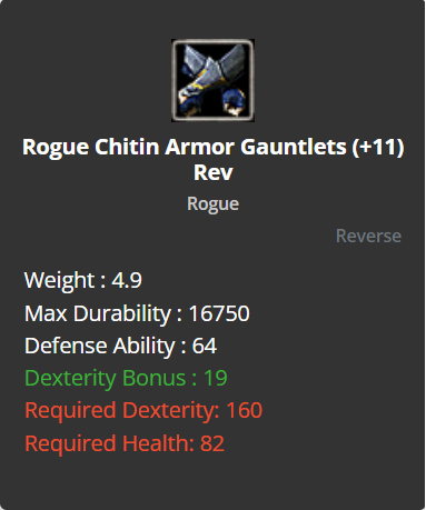 Rogue Chitin Armor Gauntlets +11 (Reverse)